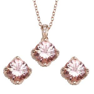Silver 925 Rose Gold Plated Pink CZ Stud Earrings and Pendant Necklace Set